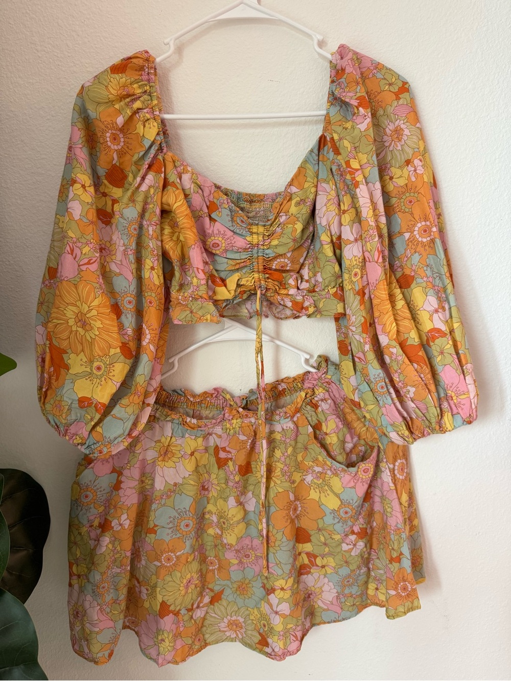 Show Me Your MuMu Floral Puff-Sleeve Crop Top and Skirt - Yellow Pink Green